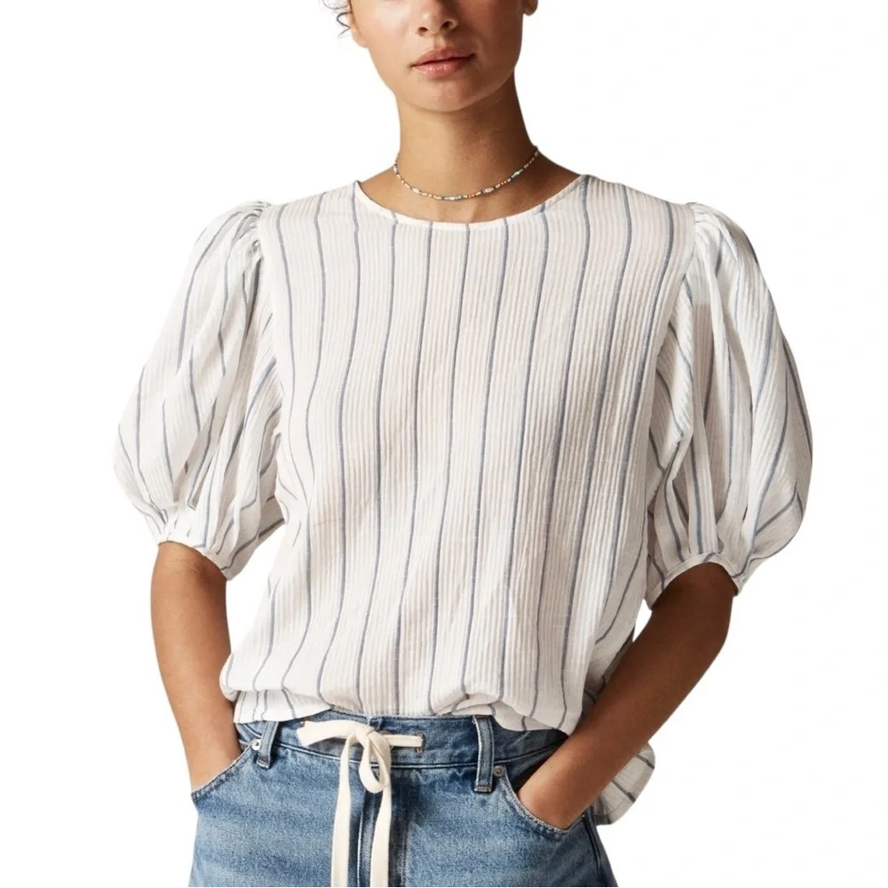 J. Crew Puff-sleeve Top In Sheer Gauze White and Blue Striped Blouse NWT XXS